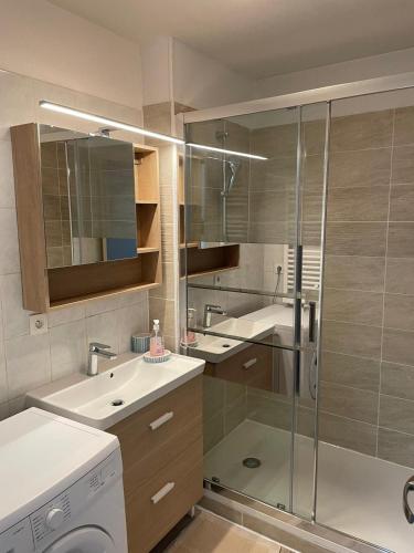 une salle de bain avec douche et lavabo et une machine à laver dans l'établissement Joli appartement climatisé, à Périgueux