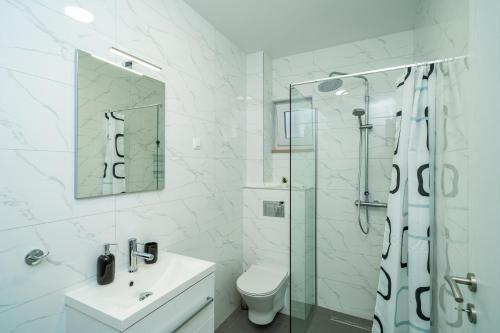 La salle de bains blanche est pourvue d'une douche et de toilettes. dans l'établissement Blue Bay Apartment, à Dubrovnik