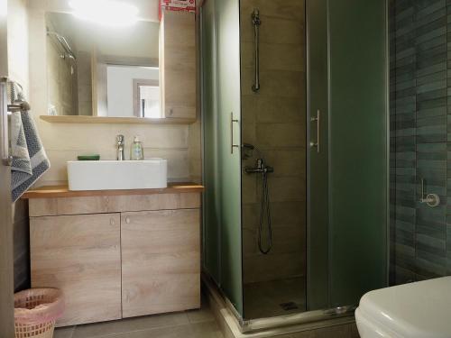 a bathroom with a shower with a sink and a shower at Melissinos Beachfront Apartments in Kómi