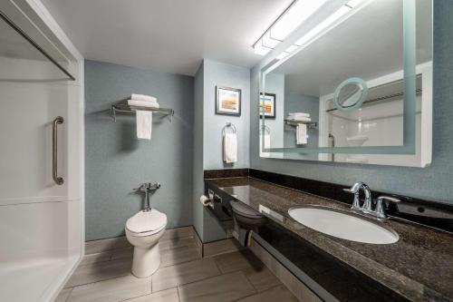 La salle de bains est pourvue de toilettes, d'un lavabo et d'un miroir. dans l'établissement Best Western Belleville, à Belleville