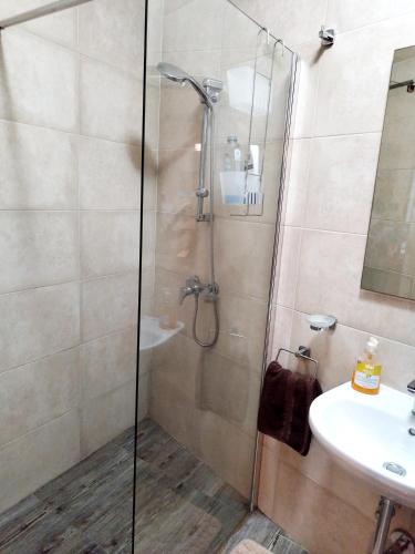 a bathroom with a shower and a sink at Large and modern apartment in the centre of Malta in Mosta