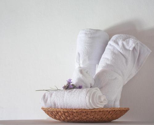 a stack of towels in a basket with a bunny at Noma Bed & Breakfast in San Cristóbal de Las Casas