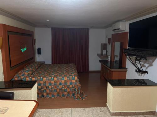 um quarto de hotel com uma cama e uma televisão de ecrã plano em Hotel Xiada em San Francisco del Rincón
