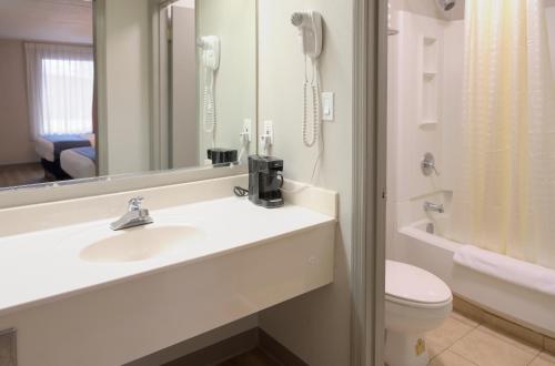 a bathroom with a sink and a toilet and a mirror at Days Inn by Wyndham Harriman in Harriman