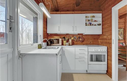 a kitchen with white appliances and a wooden wall at Stunning Home In Kruså With Wifi in Kruså