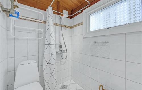 a white bathroom with a toilet and a window at Gorgeous Home In Krus With Wifi in Kruså