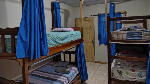1 dormitorio con 3 literas y cortinas azules en BAMBU HOSTEL, en David