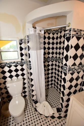 y baño con aseo y azulejos blancos y negros. en Harada Inn and Suites, en Hopkins