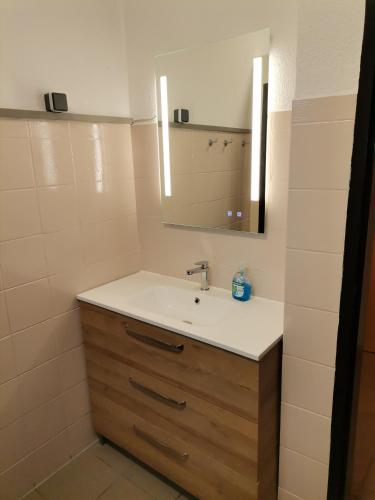 a bathroom with a sink and a mirror at Pension Prem in Kapfenberg