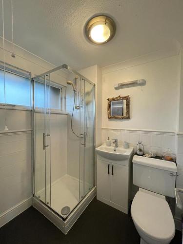 a bathroom with a shower and a toilet and a sink at Holiday home, Tywyn, newly refurbished, great location in Tywyn