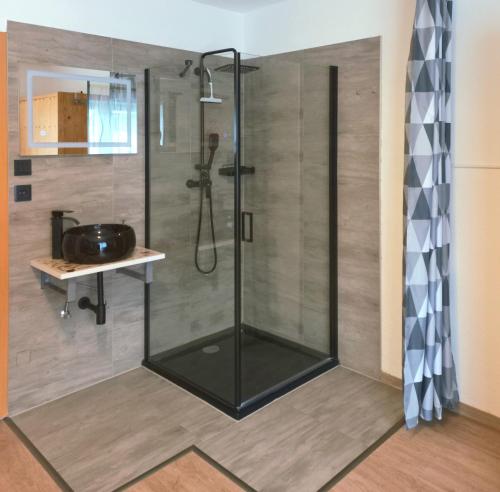 a shower with a glass door in a bathroom at Apartment Steirawohnzimmer in Haus im Ennstal