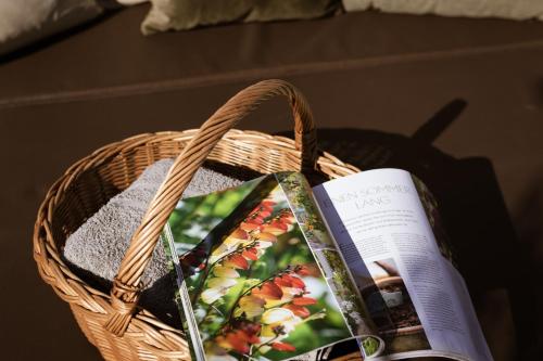 a basket with a book and a magazine at Residence Walchhof in Schenna
