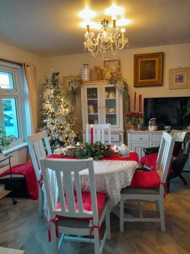 a dining room with a table and a christmas tree at Saint Martin's Bed and Breakfast in Bandon