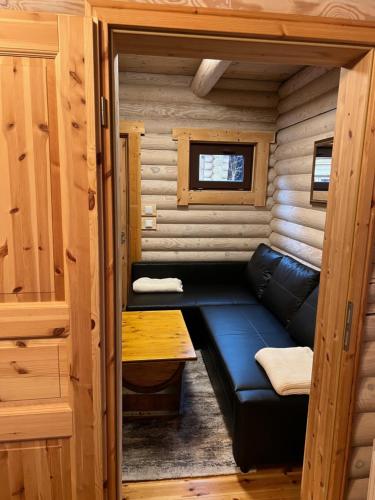 a living room with a couch in a tiny house at Wellness Hütte am Zwenkauer See bei Leipzig in Zwenkau