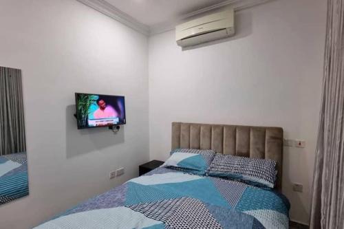 1 dormitorio con 1 cama y TV en la pared en Lovely 2 bedroom in osapa london, en Lekki
