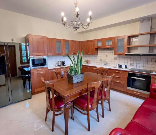 Villa Voulgari في يوانينا: مطبخ مع طاولة خشبية وبعض الكراسي