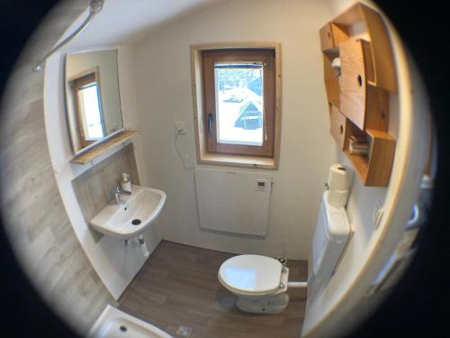 a small bathroom with a toilet and a sink at Tiny house in Mislinja