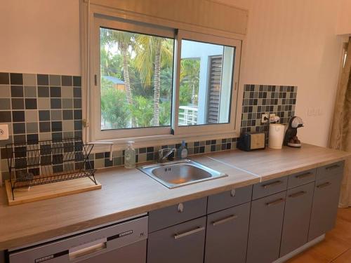 uma cozinha com um lavatório e uma janela em Plage & Repos - Hermitage les bains em La Saline les Bains
