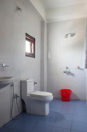 a white bathroom with a toilet and a sink at Rains Inn Eco Hotel in Diphu
