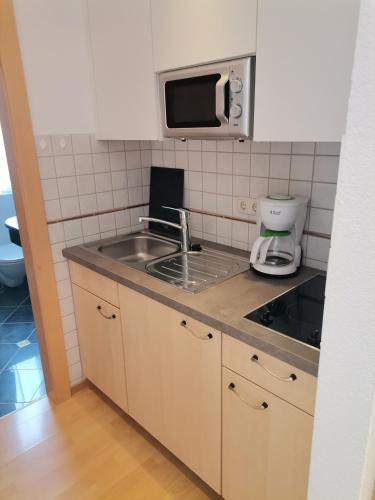 a small kitchen with a sink and a microwave at Ferienwohnung Hohe Wand in Heiligenblut