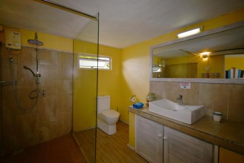 a bathroom with a toilet and a sink and a shower at Fenetre sur Mer in Rodrigues Island