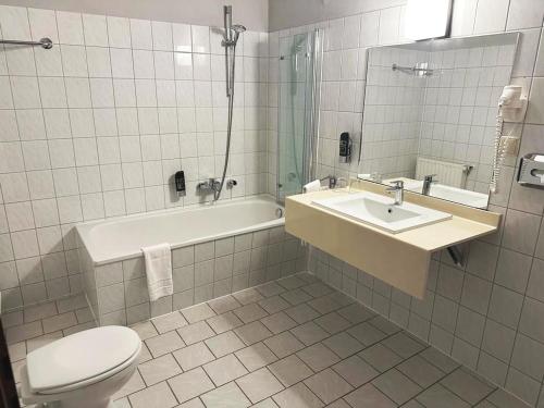 ein Bad mit einem WC, einem Waschbecken und einer Dusche in der Unterkunft Altstadthotel Ilsenburg in Ilsenburg