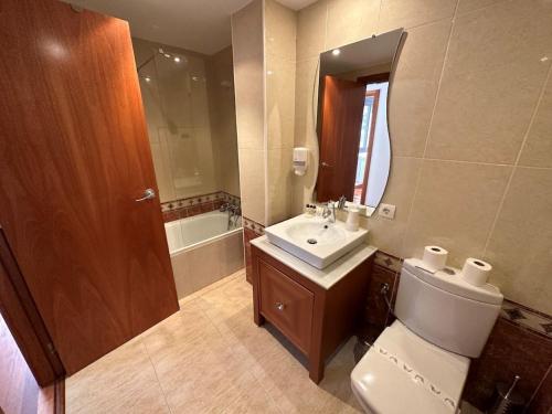 La salle de bains est pourvue de toilettes, d'un lavabo et d'un miroir. dans l'établissement Apartament Narcis 2.5 - 5p - Ransol - Zona Grandvalira, au Tarter