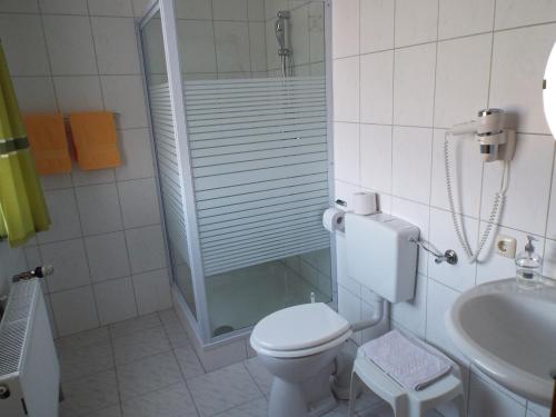 a white bathroom with a toilet and a sink at Hotel garni Zum Reinhardswald in Gewissenruh