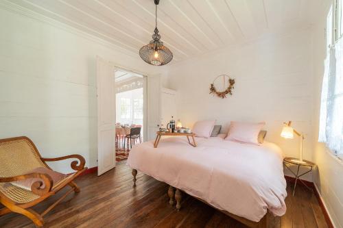 サラジーにあるLa Villa Blanche, Hell-Bourgのベッドルーム1室(ベッド1台、椅子、テーブル付)