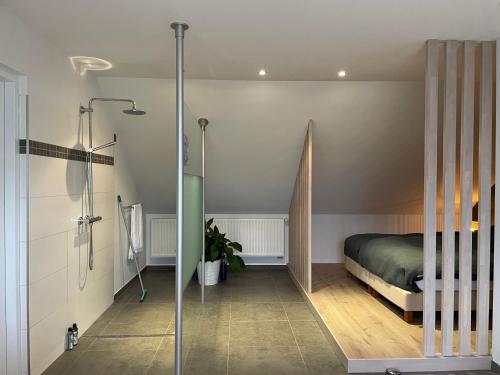 a bedroom with a bed and a glass shower stall at Bonne Suite Chambre d'Hotes in Rekem