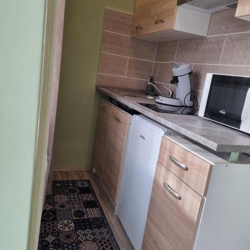 a small kitchen with a sink and a counter top at Belvárosi Pihenőház in Békéscsaba