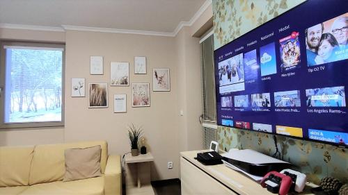 TV a/nebo společenská místnost v ubytování FREE WELLNESS & SPA MULTIMEDIA APARTMENT - SNÍDANĚ V CENĚ - ZDARMA VSTUP DO WELLNESS, VÍŘIVÉ VANY, SOLNÁ SAUNA, FINSKÁ SAUNA, PARNÍ SAUNA, MASÁŽE, PLAYSTATION 5 a HRY, SKLEP, MODERNÍ VYBAVENÍ, PARKOVÁNÍ ZDARMA, VYBAVENÍ PRO DĚTI, KLIDNÁ LOKALITA