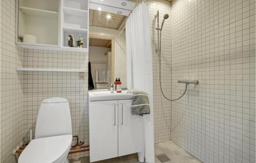 a bathroom with a toilet and a sink and a shower at Nice Home In Skårup Fyn With Wifi in Brohave