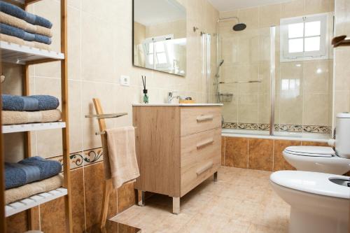 ein Bad mit einem Waschbecken, einem WC und einer Dusche in der Unterkunft Apto ISA: amplio y acogedor apto de 75m con terraza, aire acondicionado y parking gratuito in Los Abrigos