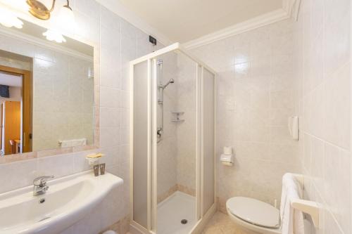 a bathroom with a sink and a toilet and a shower at Flos Hotel in Moena