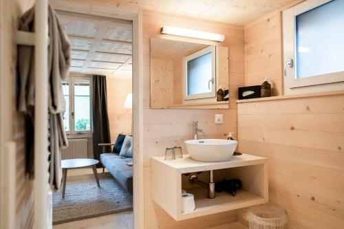 a bathroom with a sink in a tiny house at Cortesi's Lenk Lodge, Boutiques Appartements in Lenk