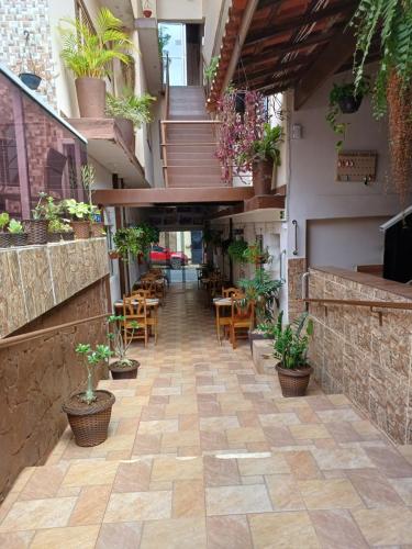 a hallway with potted plants and stairs in a building at Pousada Castro in Aparecida