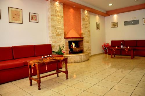 a living room filled with furniture and a fire place at Haris Apartments in Hersonissos