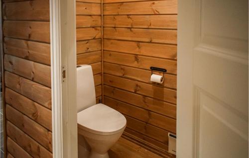 baño con aseo y pared de madera en Lovely Home In Tinn Austbygd With Kitchen, en Luråsgrendi