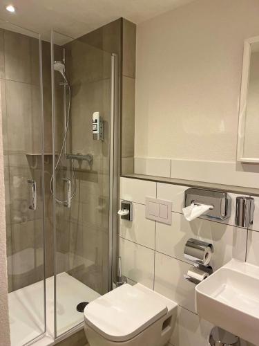a bathroom with a shower and a toilet and a sink at Landgasthof zur Burg Grenzau in Höhr-Grenzhausen