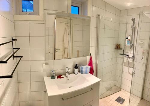 y baño blanco con lavabo y ducha. en Cosy house with sunny terrace, garden and fjord view en Bergen