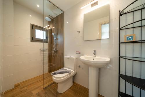ein Bad mit einem WC, einem Waschbecken und einer Dusche in der Unterkunft Esperos Studios and Apartments, #2 in Stalida