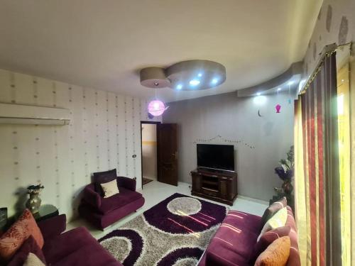 salon z fioletową kanapą i telewizorem w obiekcie SEMO Home w Kairze