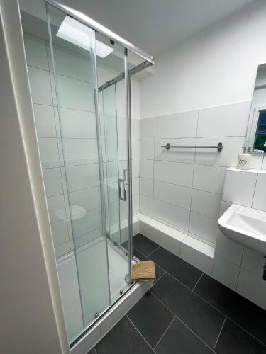 une salle de bain avec douche et lavabo dans l'établissement Appartement No 5, à Weimar