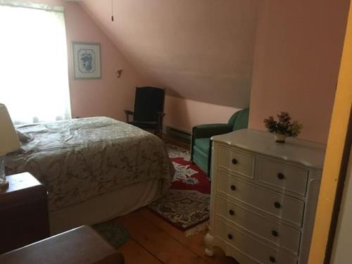 a bedroom with a bed and a dresser and a chair at Labyrinthia Guest House in Dexter