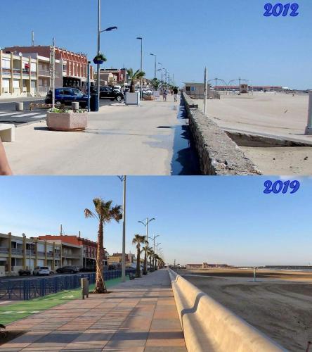 deux photos d'une rue et d'une rue bordée de palmiers dans l'établissement Chaleureux studio en bord de mer, à Port-la-Nouvelle