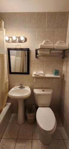 a bathroom with a toilet and a sink and a mirror at Nashoba Valley Inn & Suites in Ayer