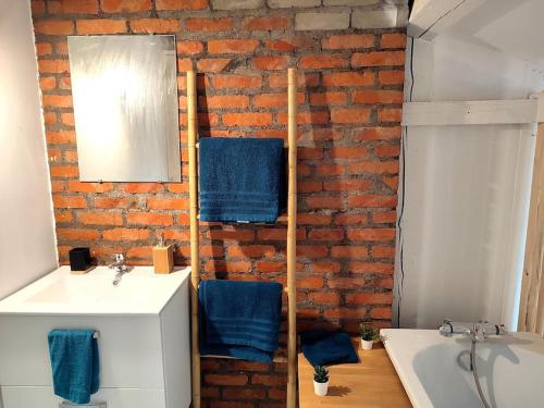 a bathroom with a white sink and a brick wall at Leopold Room 30m2 Hyper centre, Netflix & Wi-fi in Épinal