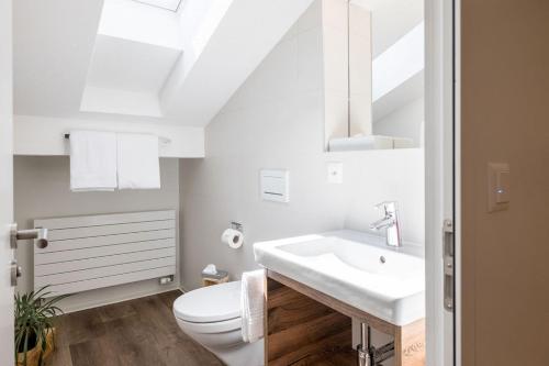 een witte badkamer met een toilet en een wastafel bij Hotel Zur Traube in Brigerbad