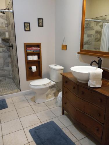 La salle de bains est pourvue de toilettes, d'un lavabo et d'une douche. dans l'établissement The Barrel House Bed & Breakfast, à Loretto